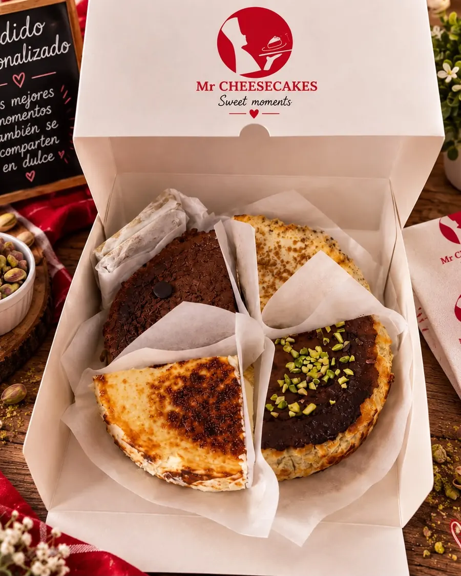 Caja de Mr Cheesecakes con porciones variadas de tarta de queso y una pizarra de pedido personalizado